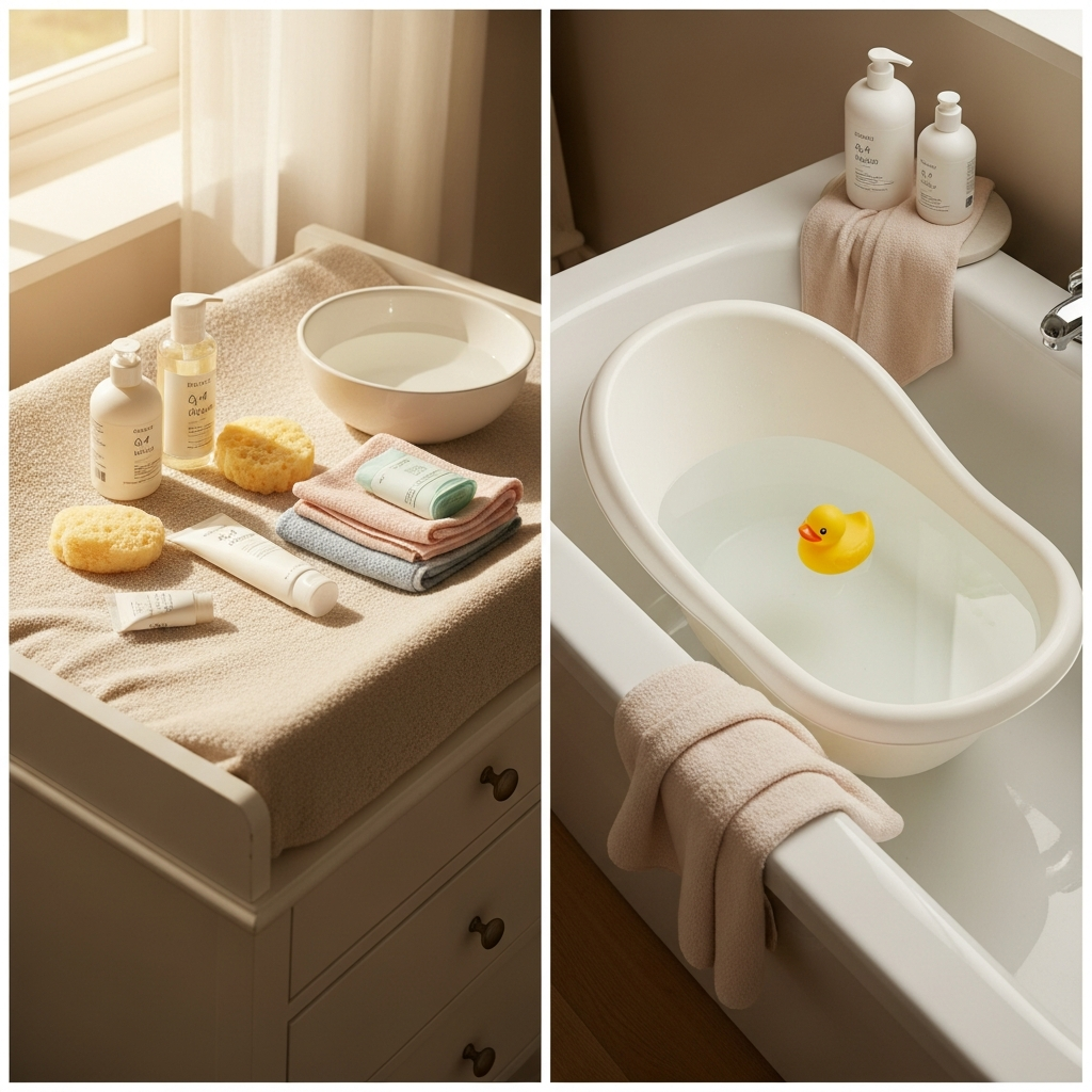 Baby-Badeutensilien-Aufbau, der Schwammbad- und Wannenbad-Essentials für Neugeborene zeigt