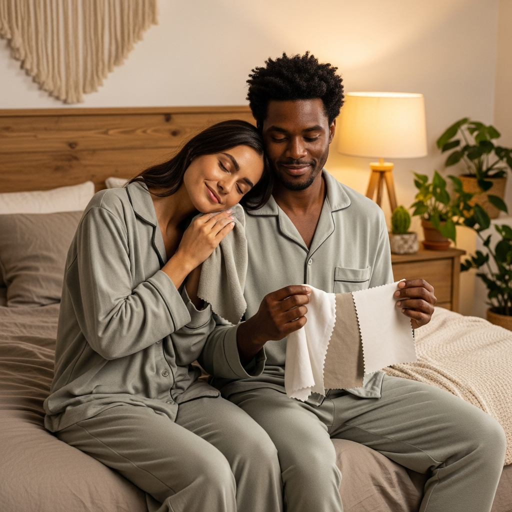 Matching couple pajama fabric comparison guide showing bamboo viscose softness for his and hers sleepwear