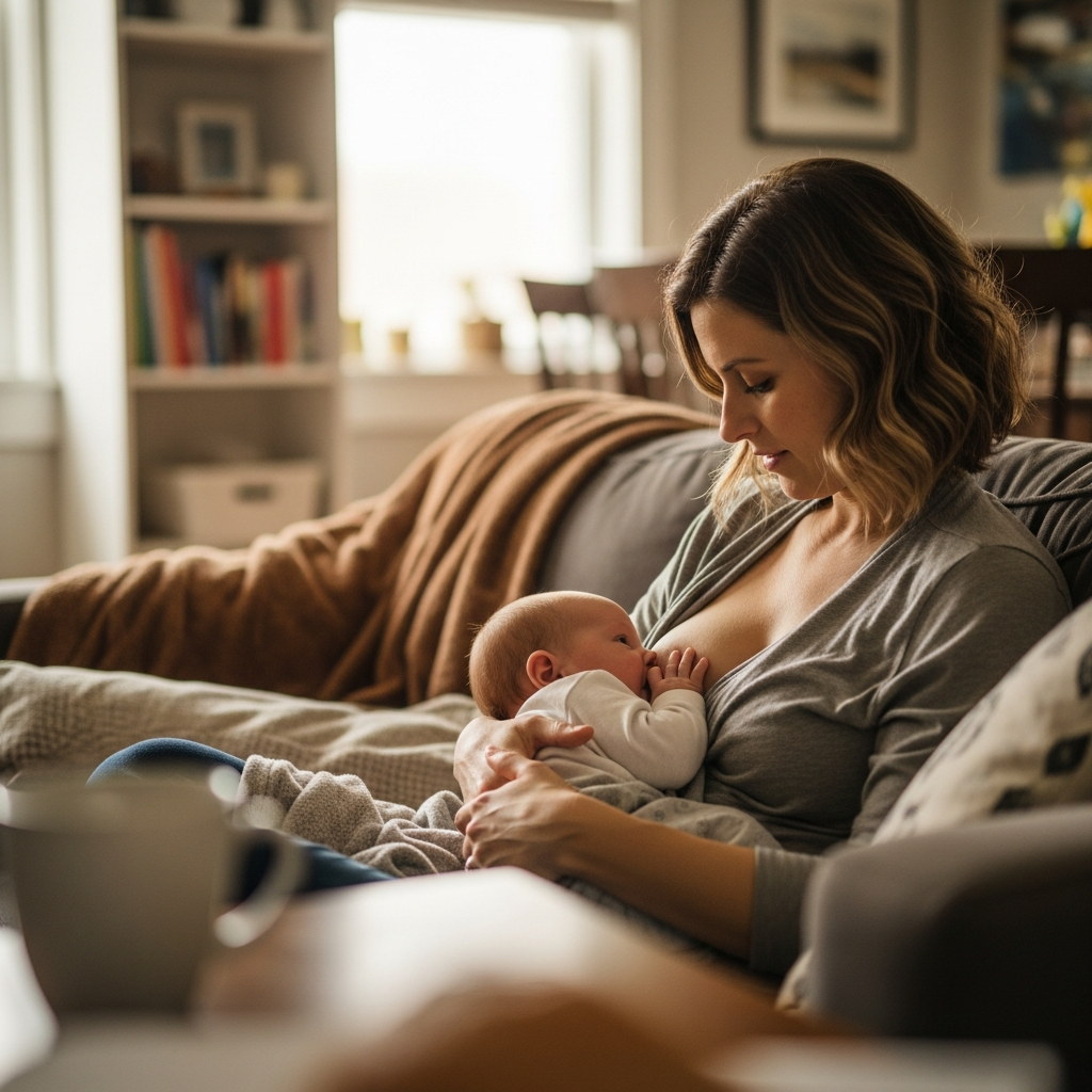 Mother breastfeeding newborn in cozy home setting, authentic feeding struggles visual guide for new parents