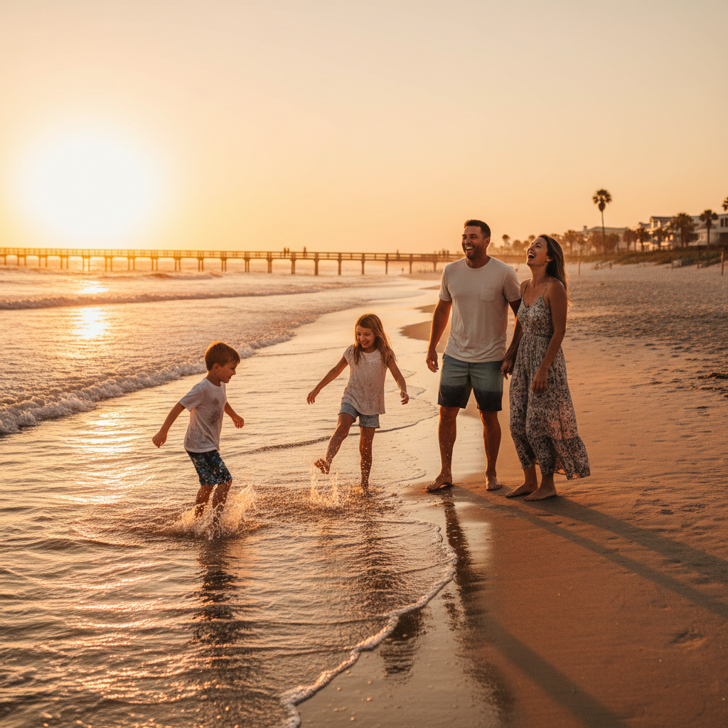 Family playing on sandy beach at sunset with kids splashing in waves, best summer beach vacation spots for families