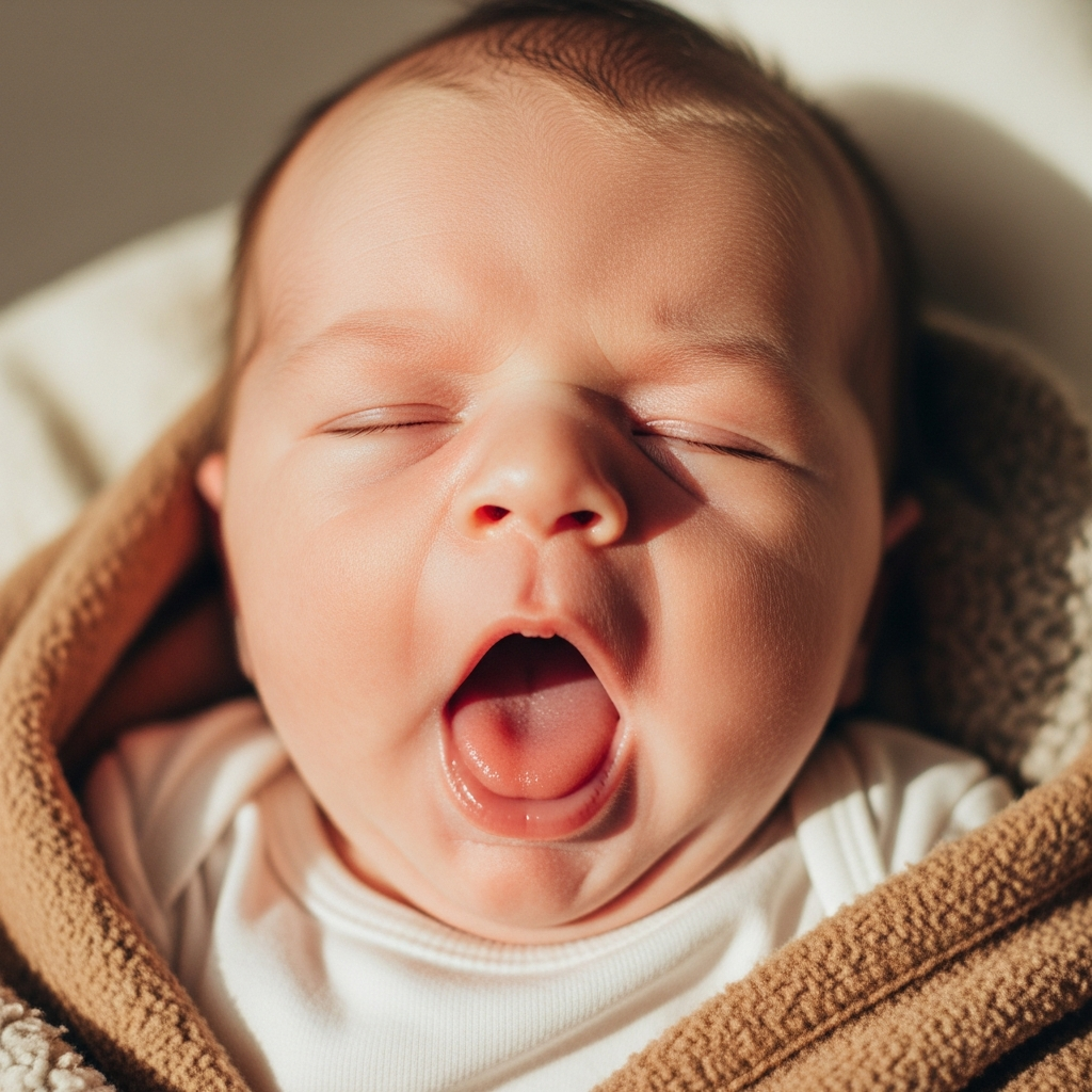 Neugeborenes Baby, das schläfrige Zeichen und Müdigkeitssignale für Eltern zeigt