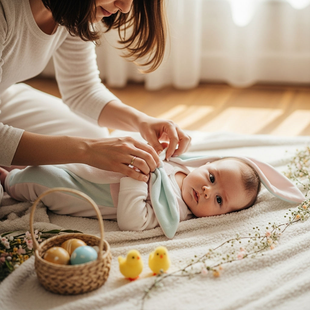 Mère préparant une séance photo de Pâques pour bébé avec décorations printanières et tenue