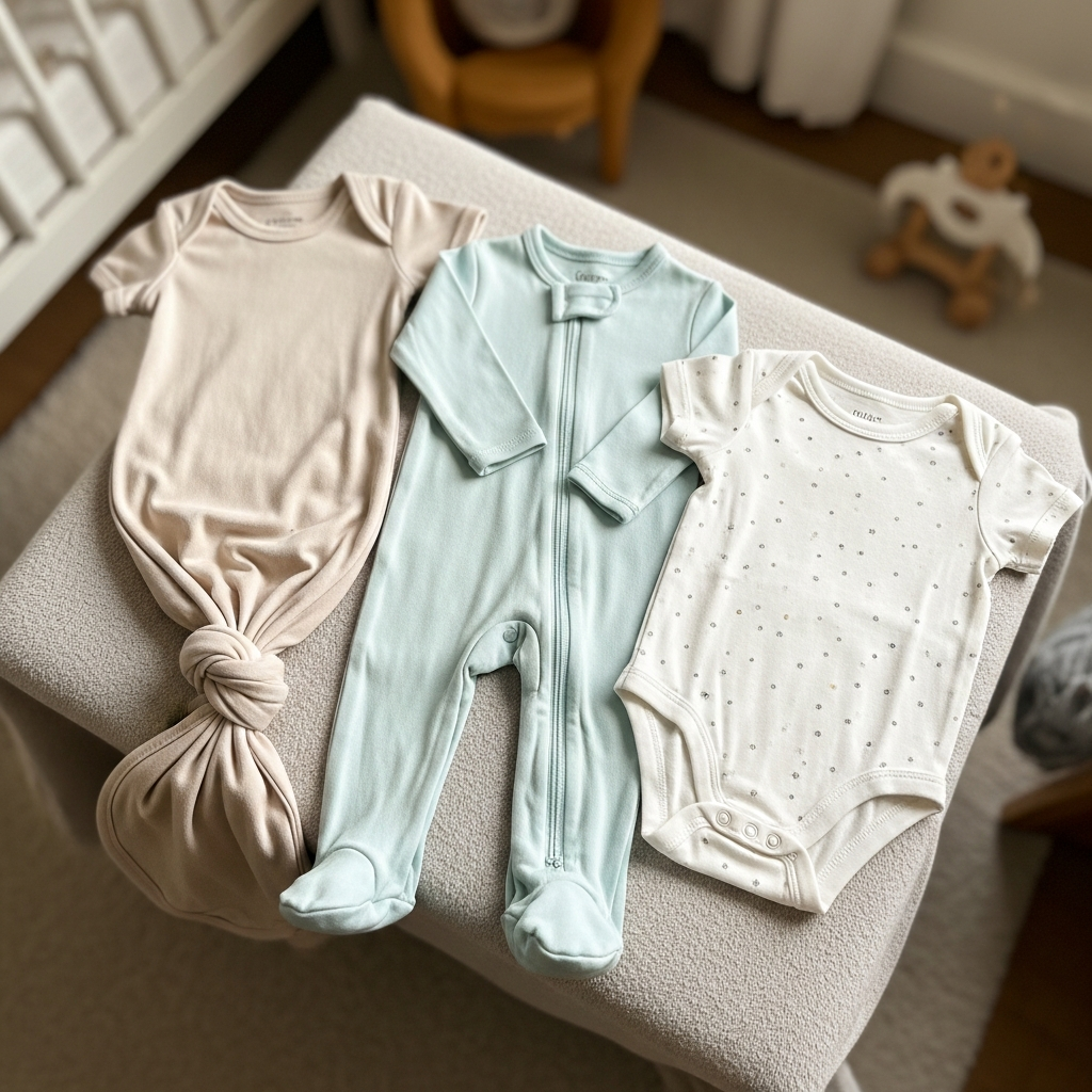 Comparaison des styles de tenues de retour à la maison pour nouveau-nés incluant robe nouée, pyjama à pieds et barboteuse