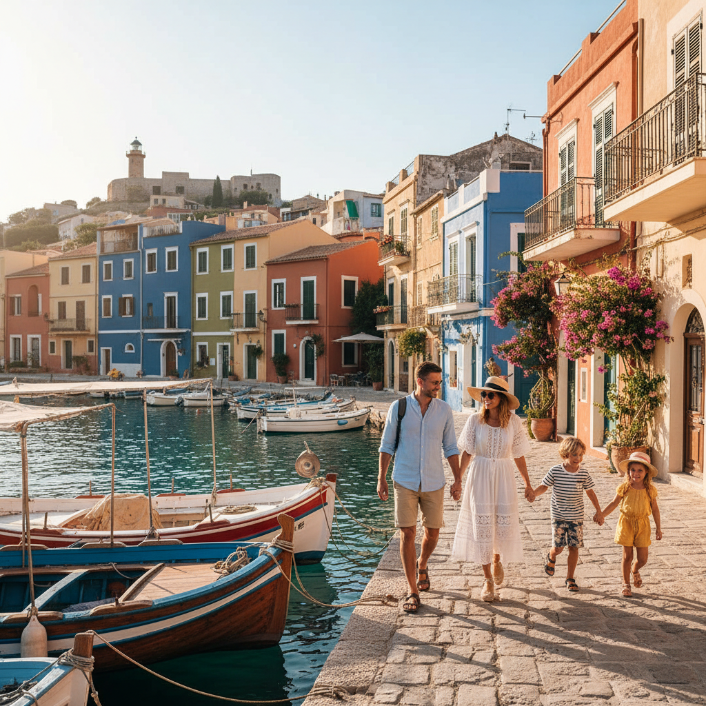 Familie in bequemen Hafentag-Laufoutfits beim Erkunden mediterraner Kopfsteinpflasterstraßen auf einem Kreuzfahrt-Ausflug