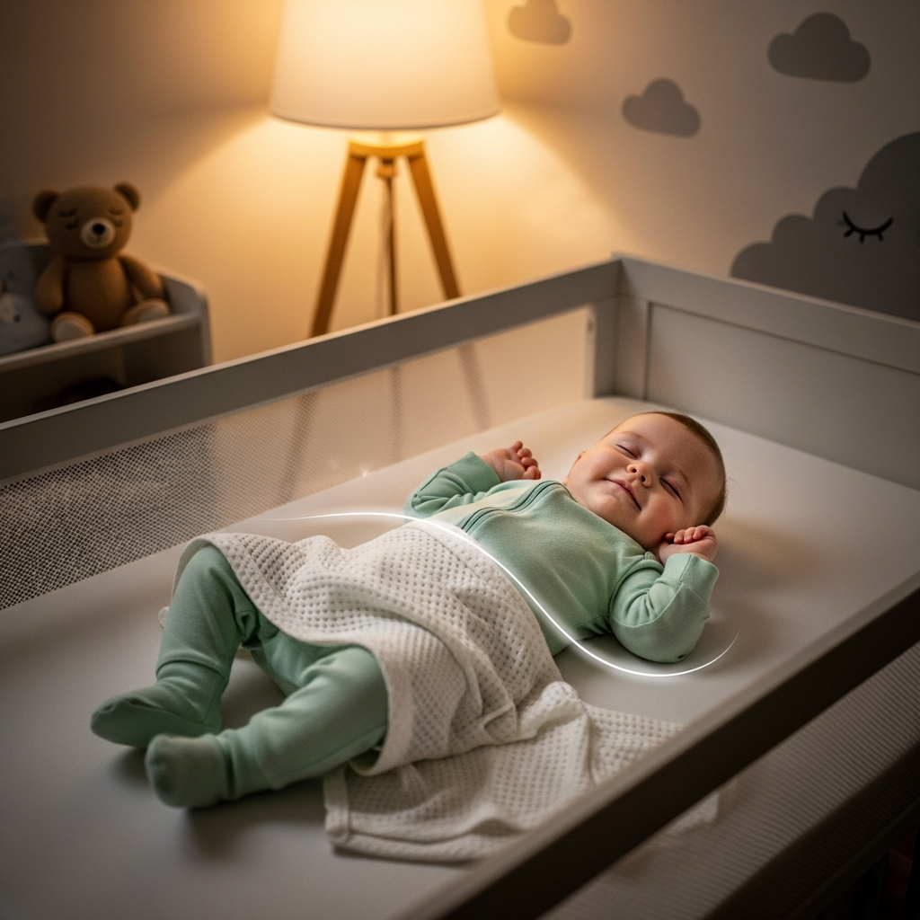 Baby schläft friedlich in Bambus-Onesie mit Temperaturregulierung, weiches Kinderzimmerlicht