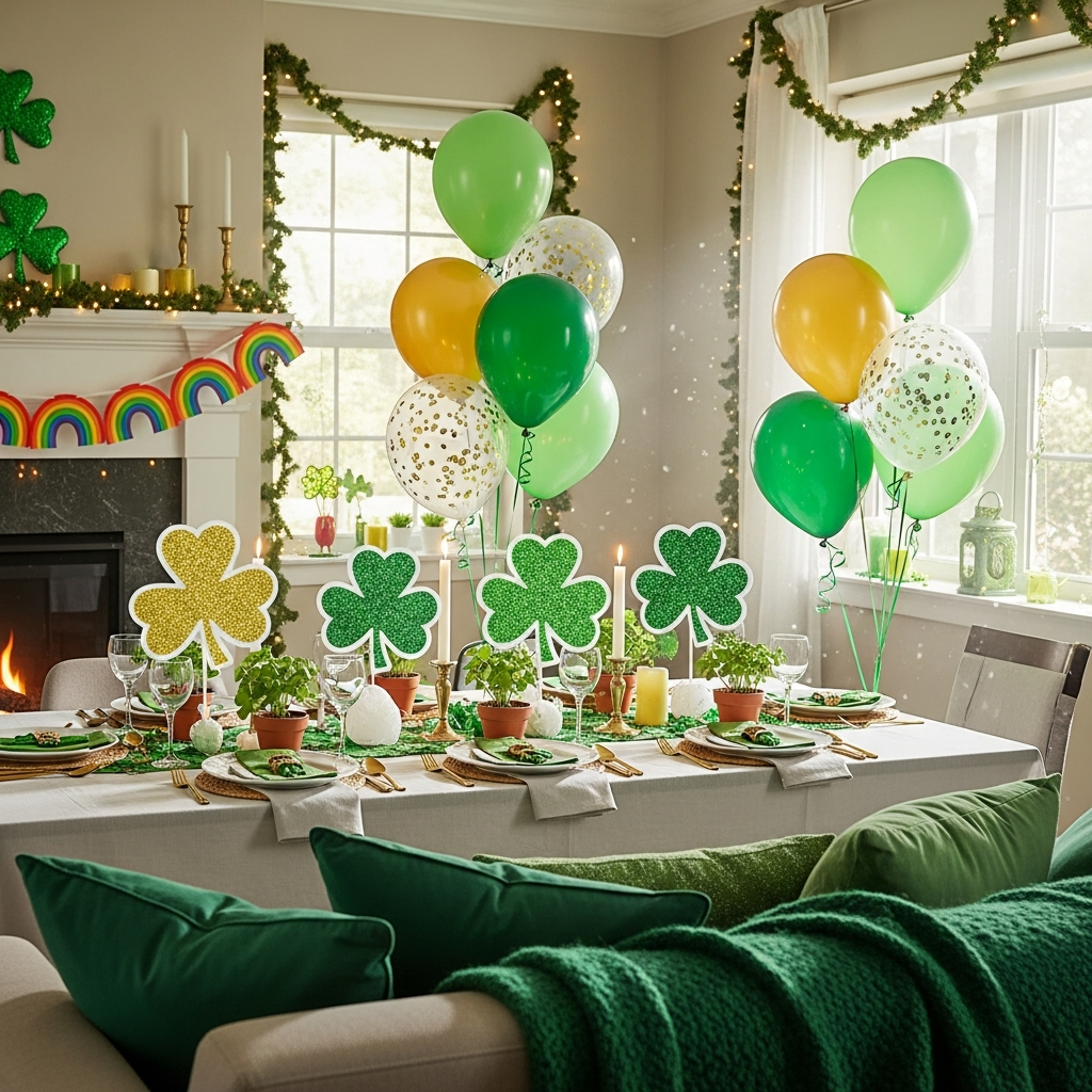 Festliche St. Patrick's Day Dekorationsaufbau St. Patrick's Day Dekorationen mit grünen goldenen Shamrocks für Party-Feier
