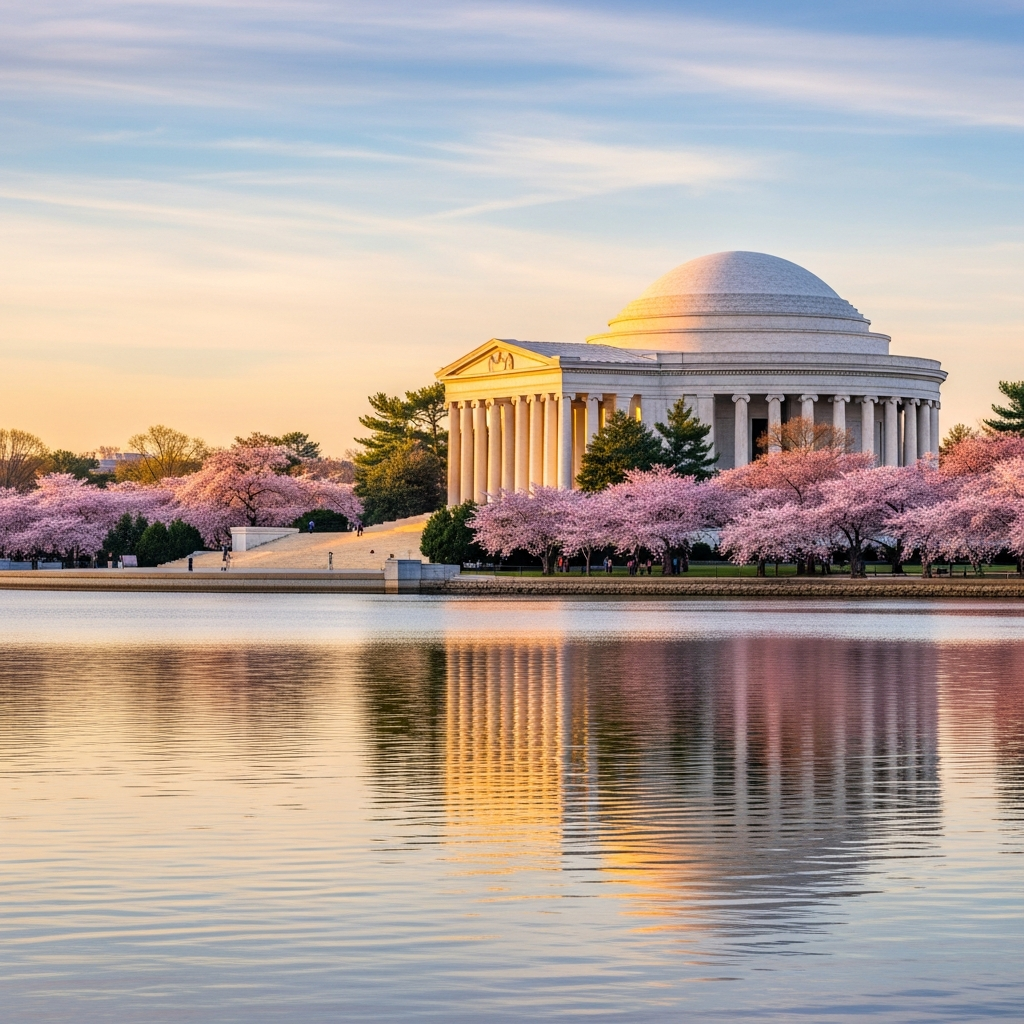 Jefferson Memorial cherry blossoms sunrise Tidal Basin Washington DC peak bloom