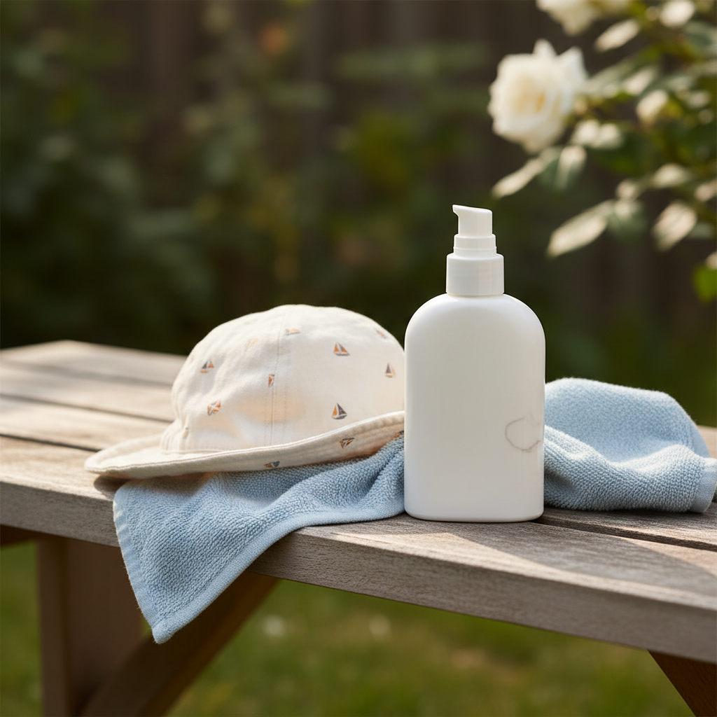 Mineral sunscreen and sun hat for babies older than six months