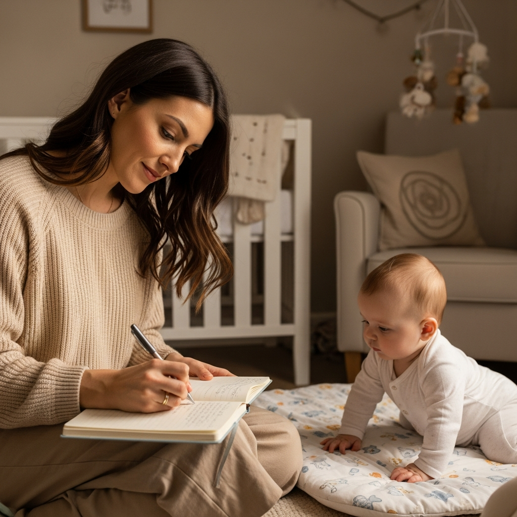 Madre descubriendo nombres raros para bebés en un entorno de guardería pacífico