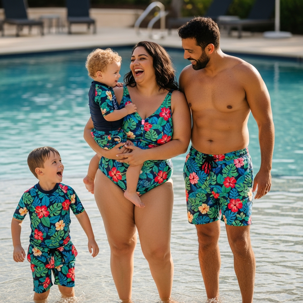 matching family swimsuits plus size mom and kids coordinating poolside