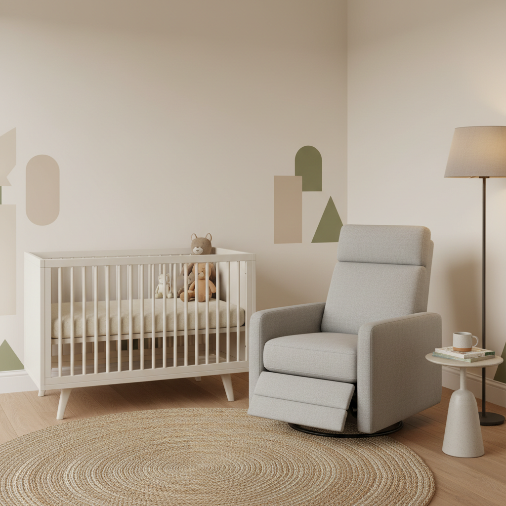 Lullapod nursery chair placed in a small nursery with clear room around it