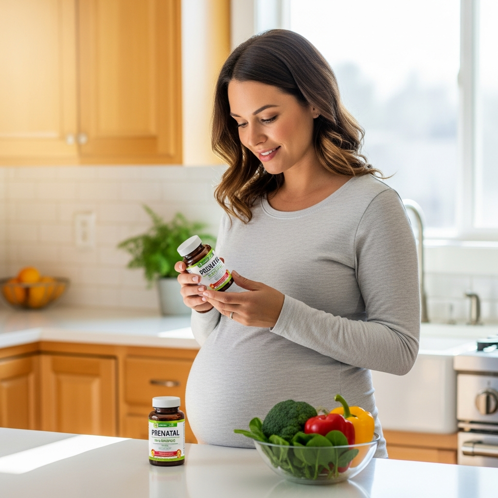 Requisitos diarios de folato para el embarazo mostrando vitaminas prenatales y verduras frescas