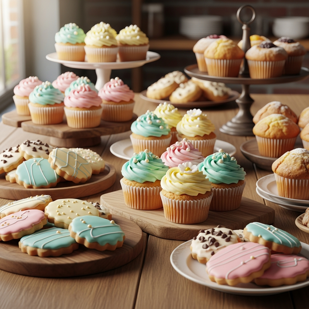 Friandises de boulangerie sucrées incluant des biscuits et des cupcakes pour les surnoms de bébé