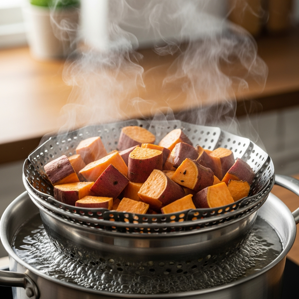 Cubes de patate douce à la vapeur pour une purée pour bébé riche en nutriments Guide visuel de la méthode de cuisson à la vapeur de la patate douce pour la préparation de nourriture pour bébé