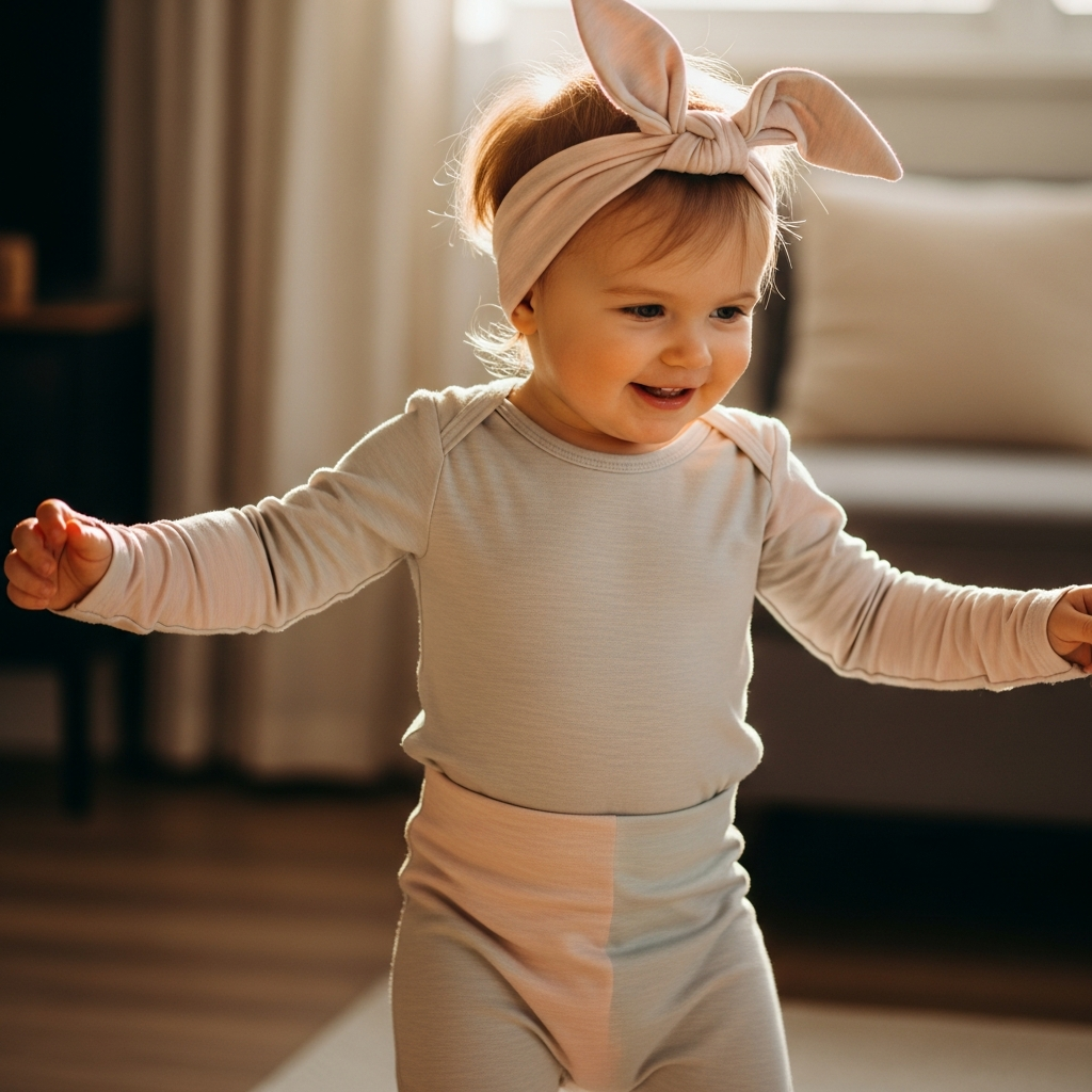 Toddler in Easter outfit with bunny headband ready to dance