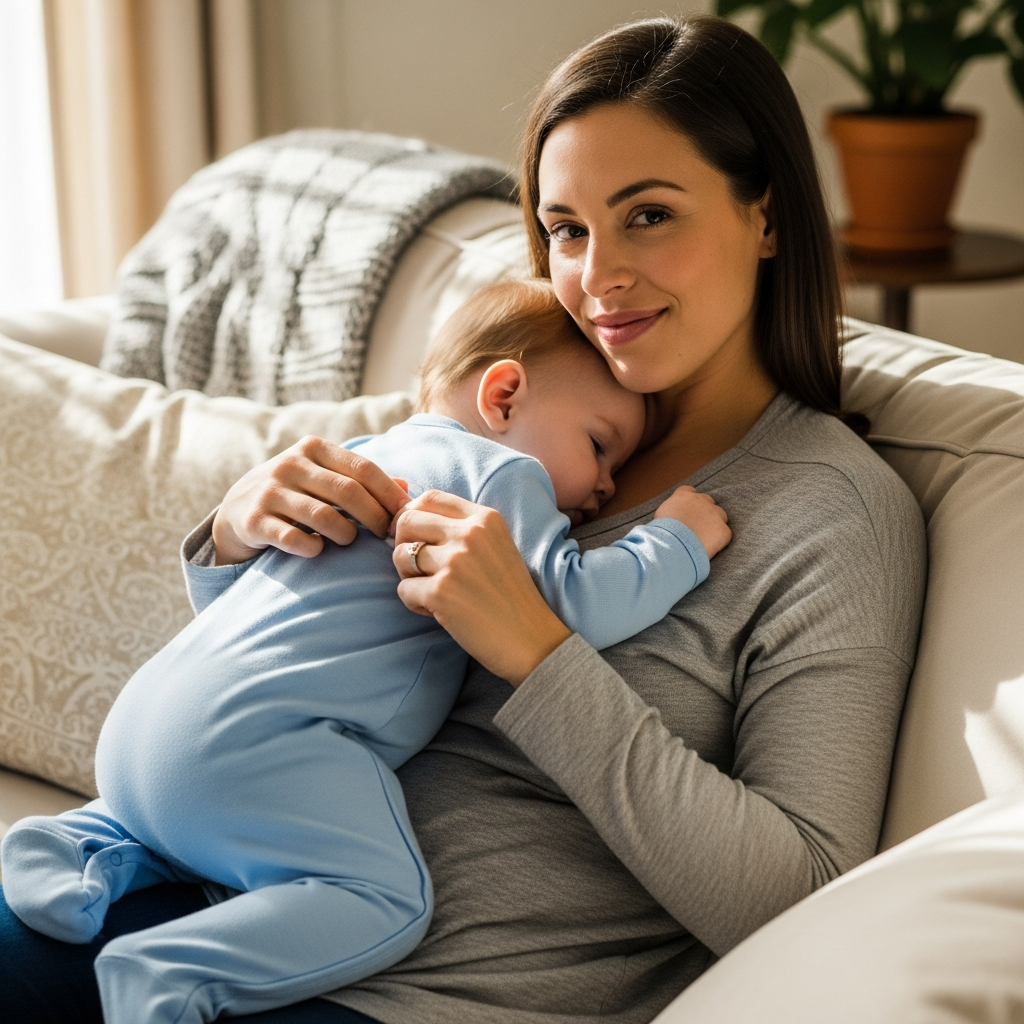 Mother caring for baby with eczema-prone skin demonstrating gentle fabric care