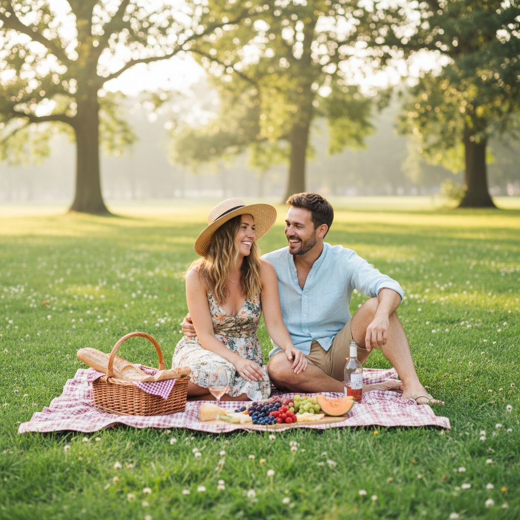 Couple enjoying a romantic summer picnic in the park, a perfect free budget-friendly summer date idea