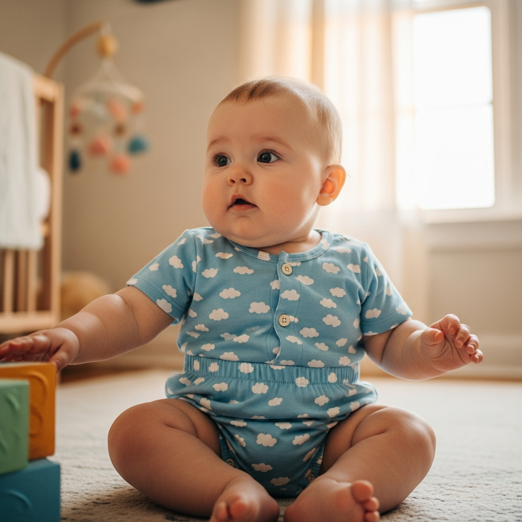 Baby wearing summer romper outfit showing seasonal clothing guide