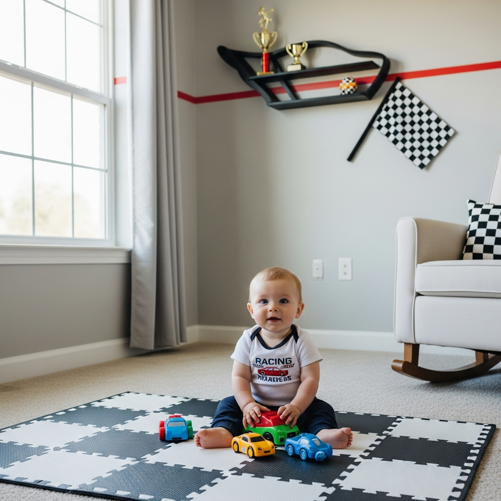 Guardería temática de carreras con coches de juguete para nombres de bebé temáticos en coches