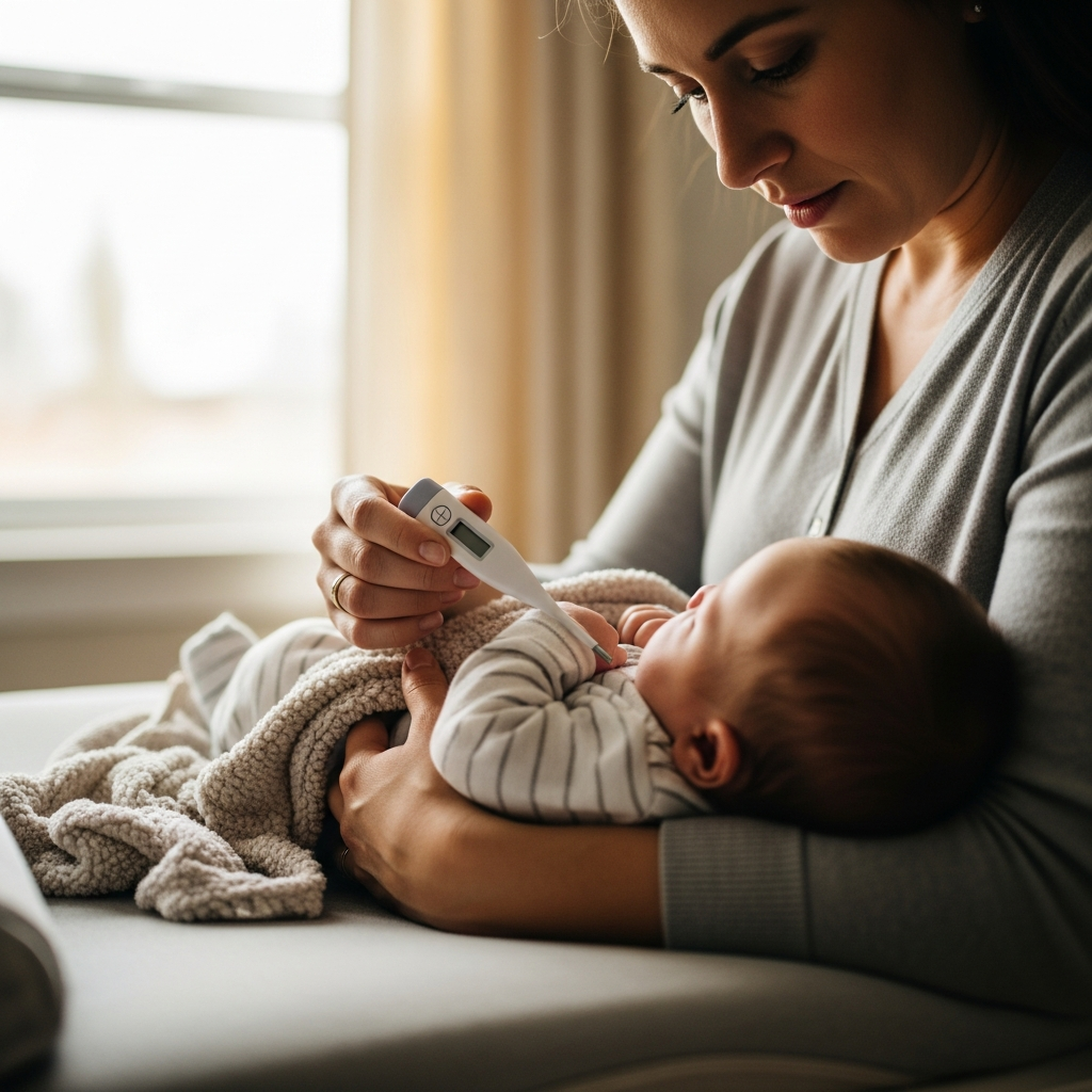 Padre chequeando la temperatura del recién nacido monitoreo de salud