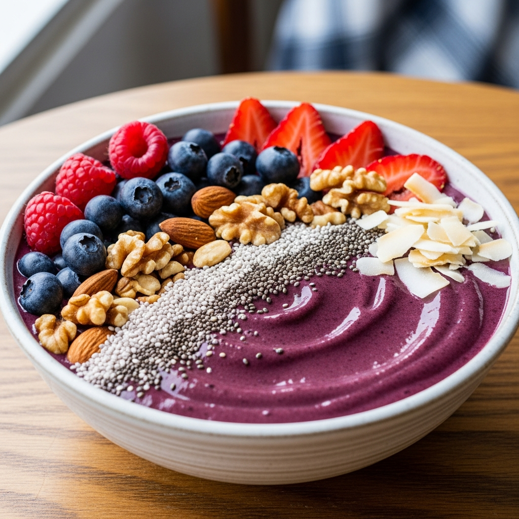Antioxidantien-reiche Smoothie-Bowl für die Fruchtbarkeits-Ernährung Schöne Acai-Smoothie-Bowl mit Beeren und fruchtbarkeitsfördernden Toppings
