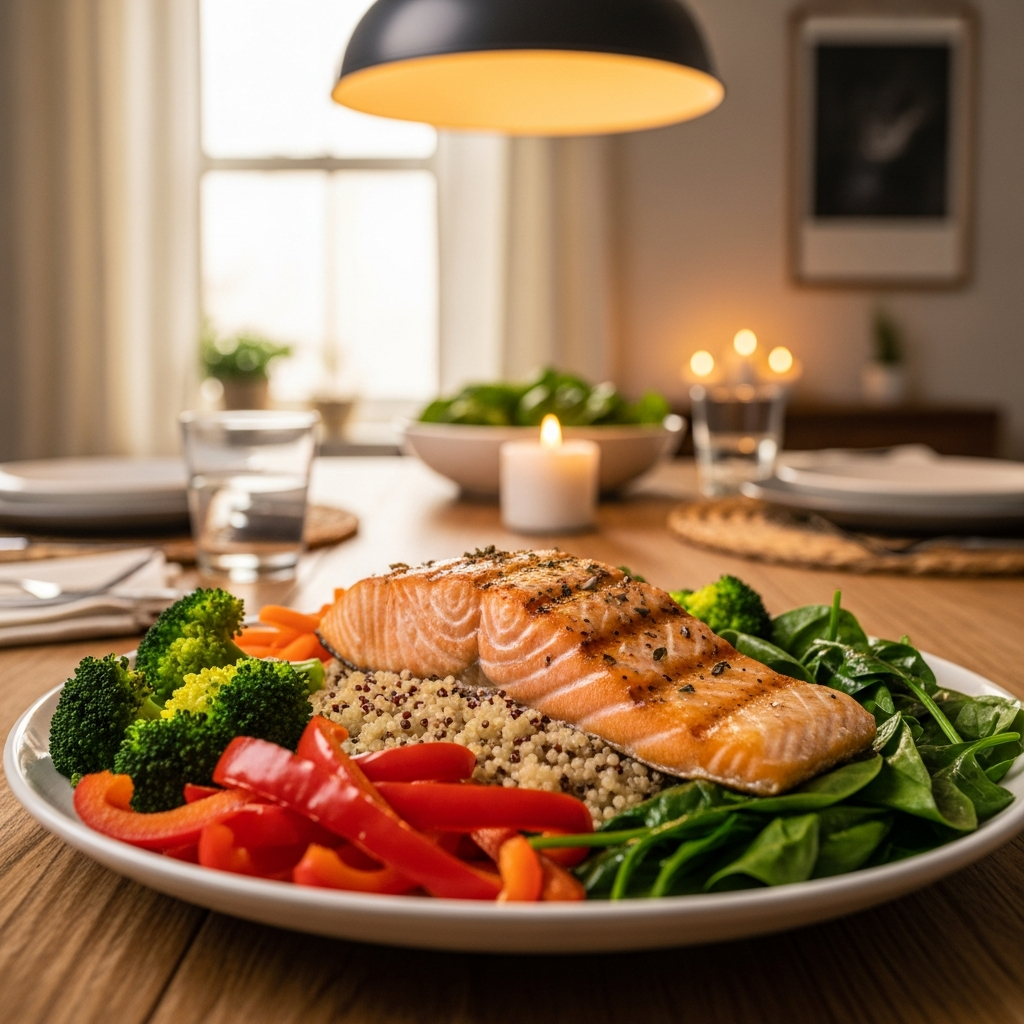 Recetas de cenas ricas en hierro para el embarazo: salmón a la parrilla, quinoa, verduras