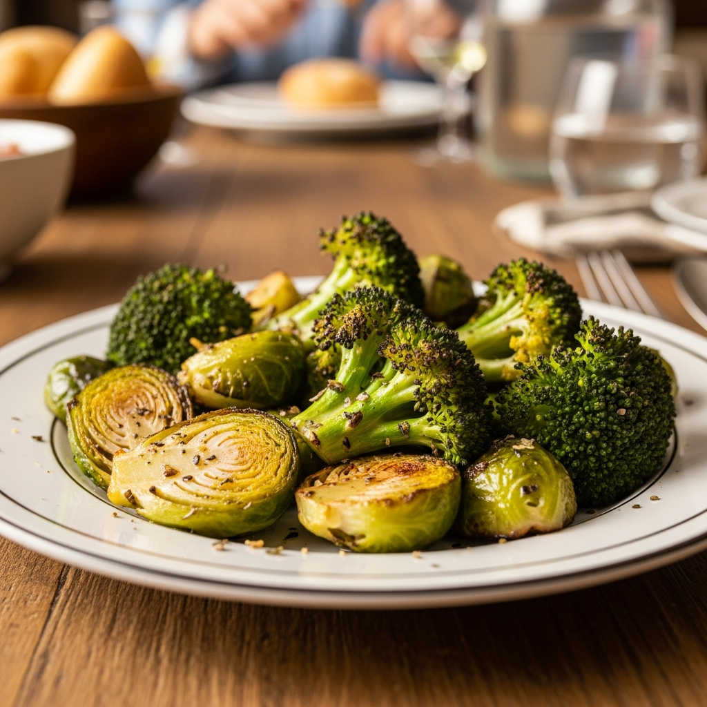 Gerösteter Rosenkohl und Brokkoli zum Abendessen zur Unterstützung der Blutgerinnung in der Schwangerschaft