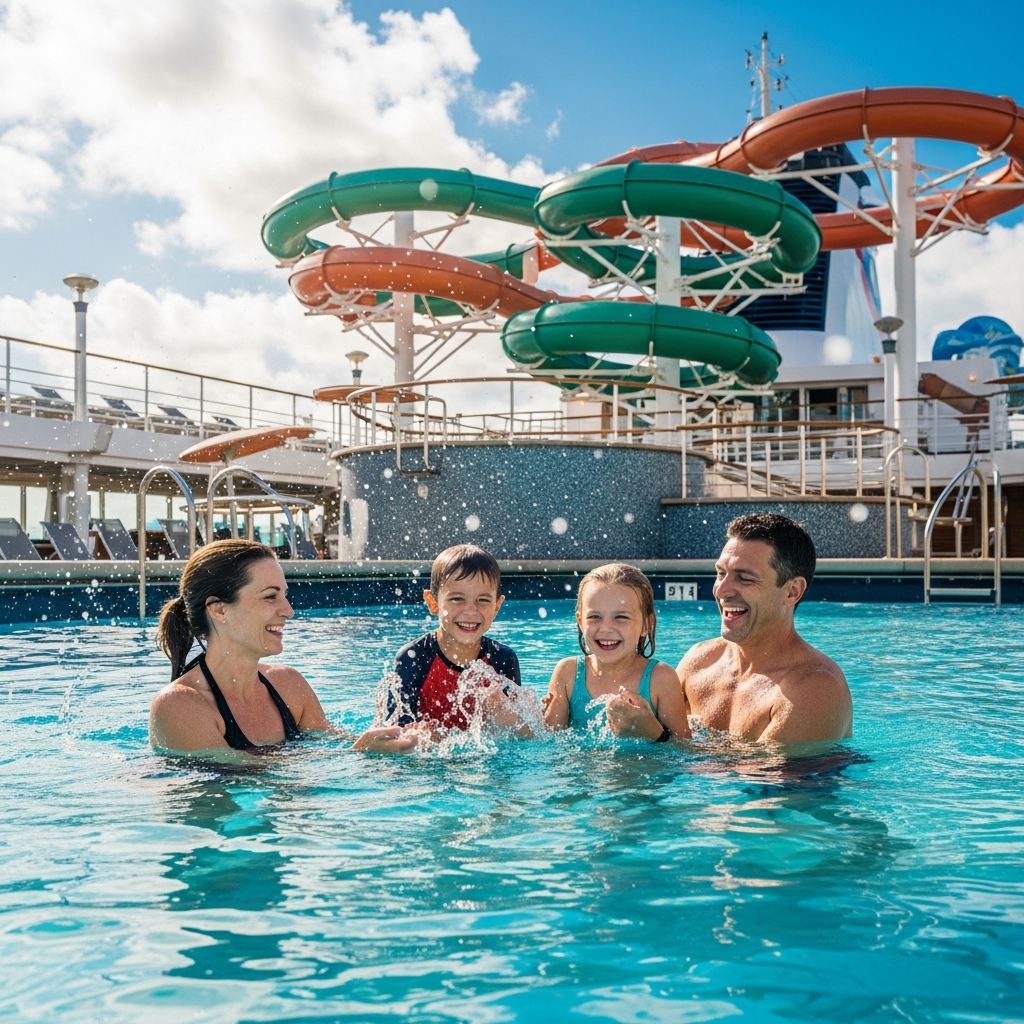 Family enjoying budget cruise ship pool activities for affordable vacations