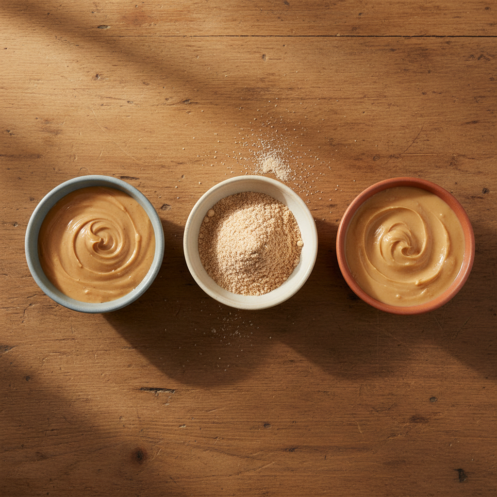Safe tree nut forms for baby feeding: thinned almond butter, nut powder, and cashew puree in small bowls