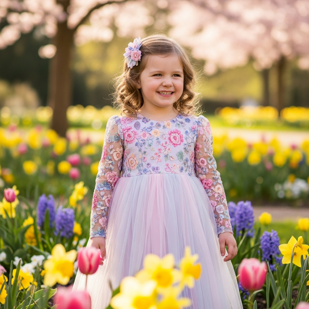 Spring dress trends for girls Easter and special occasions Girl in elegant floral long sleeve Easter spring dress with pastel tulle overlay in blooming garden, special occasion styling