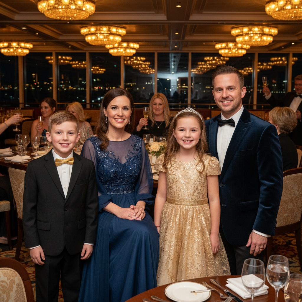 Familia con outfits elegantes coordinados para la ocasión de cena en noche formal de crucero