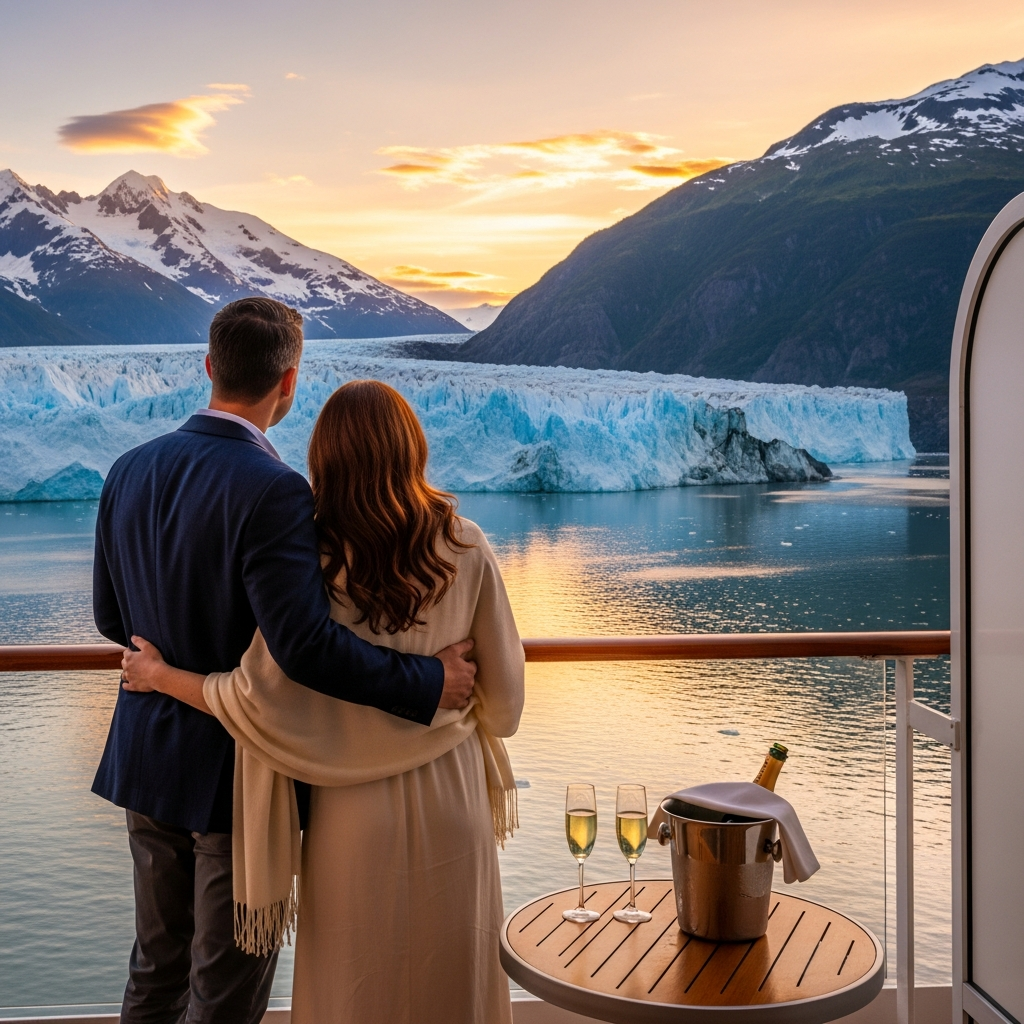 Romantic couple on private balcony viewing Alaska glacier at sunset
