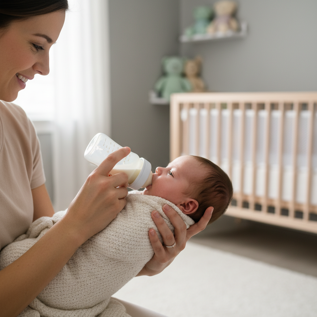 Caregiver using a calm paced bottle-feeding position with a young baby