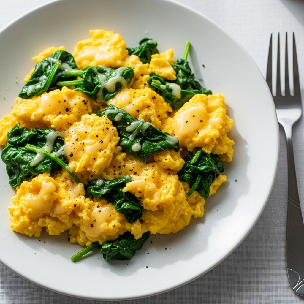 Fluffiges Rührei mit Spinat und Käse für die Cholinaufnahme in der Schwangerschaft