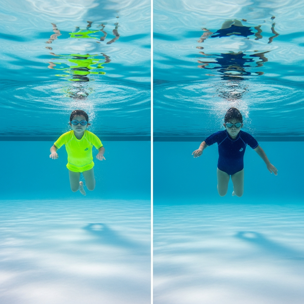 Underwater visibility test neon vs dark swimsuit colors for kids