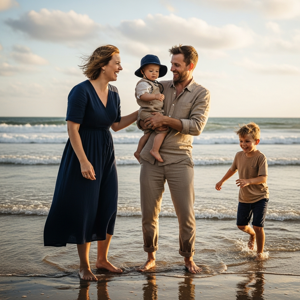 Classic navy and tan beach outfit coordination Navy blue and tan coordinated family beach outfits for summer photos
