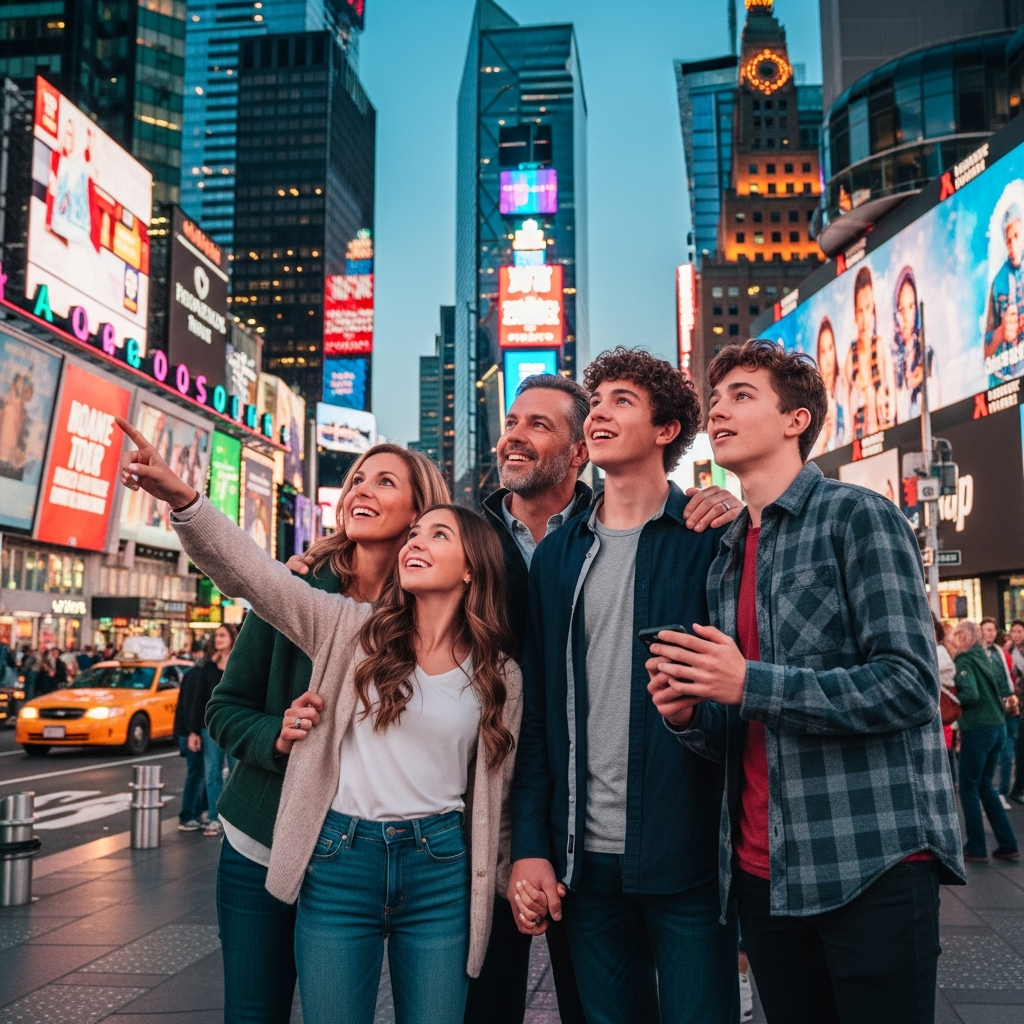 NYC urban family exploration with teenagers Family exploring New York City Times Square with excited teenagers