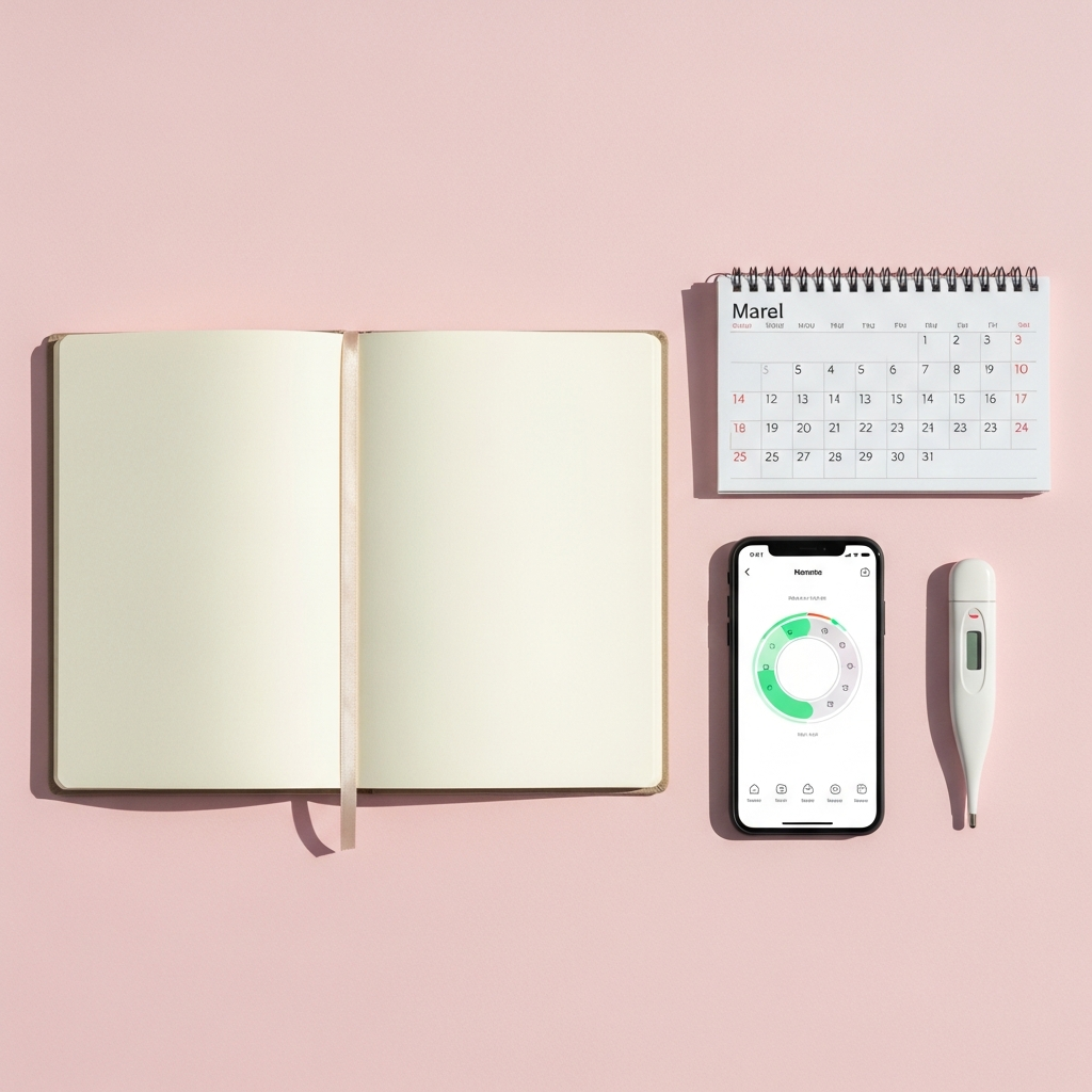 Cycle tracking supplies for beginners including notebook thermometer calendar and smartphone on pastel background