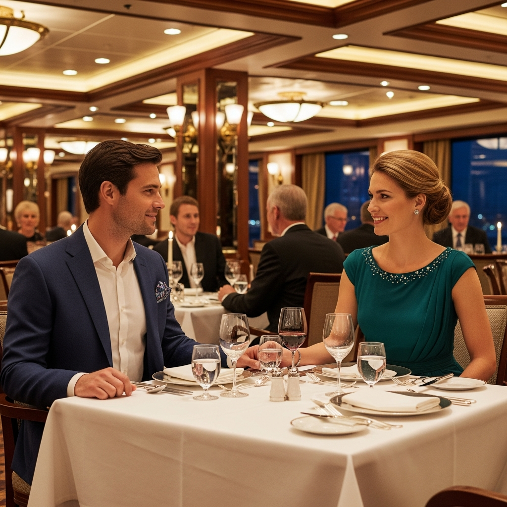 Couple in elegant cruise formal night attire dining room smart casual dinner outfit ideas 2026