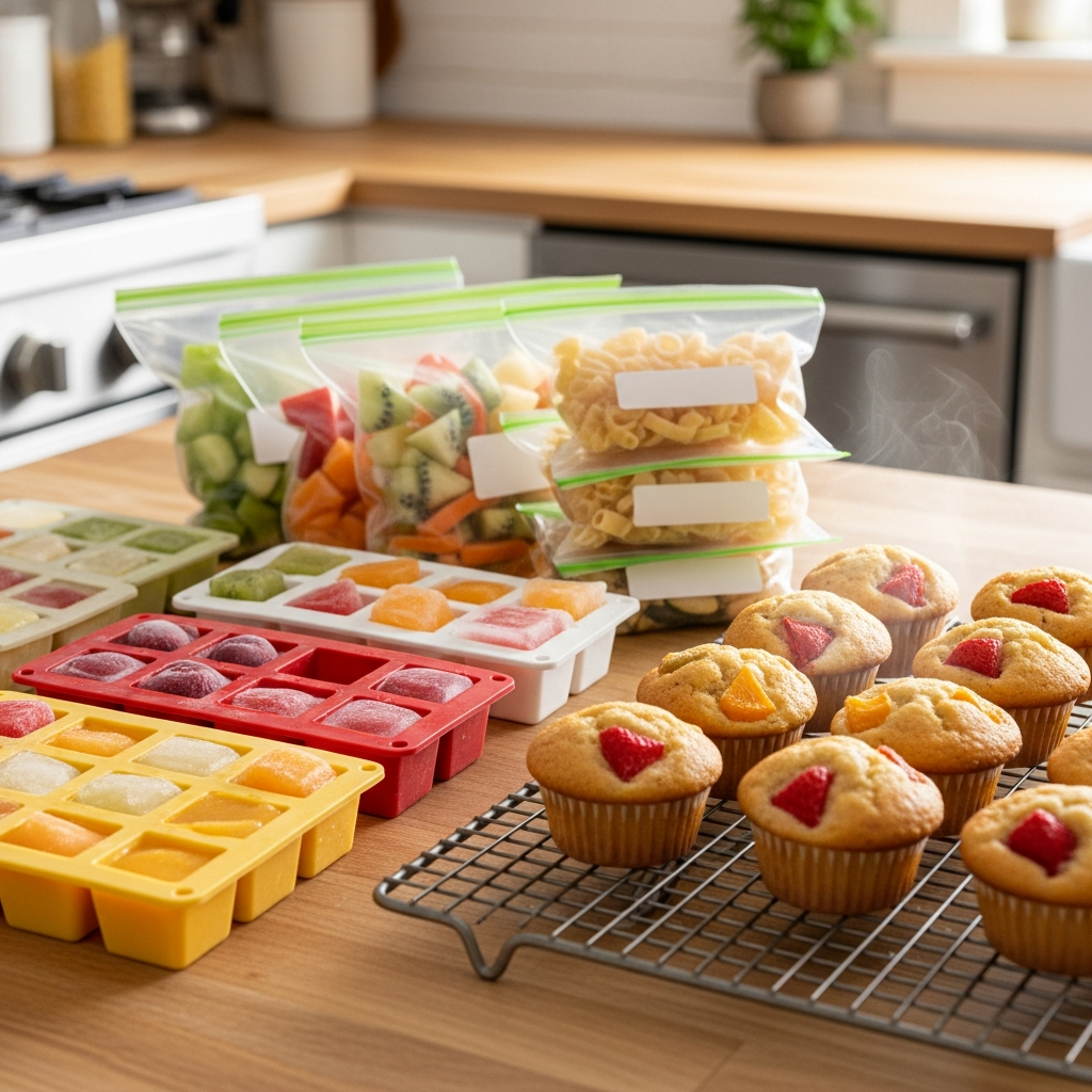 Gefrierfreundliche Baby-Snacks Mahlzeitenvorbereitung mit Mini-Muffins und gefrorenen Fruchtwürfeln