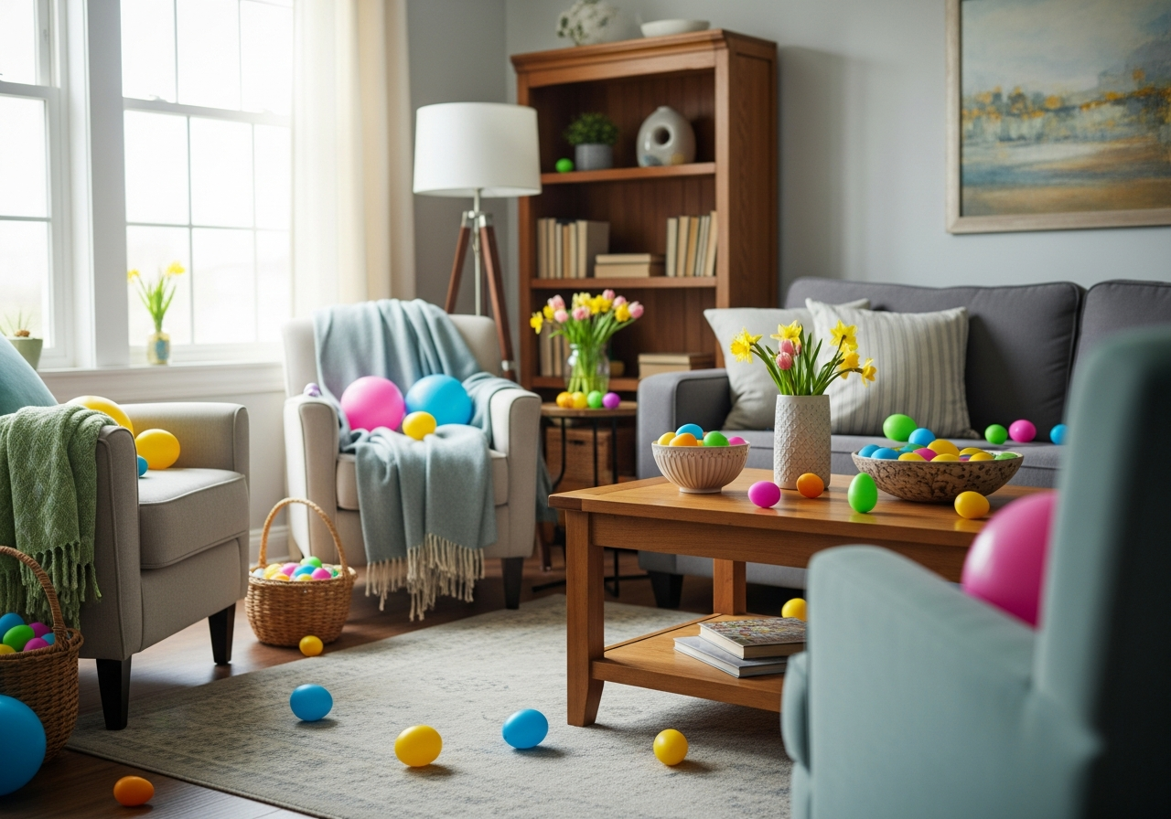 Indoor Easter egg hunt ideas with colorful eggs in living room