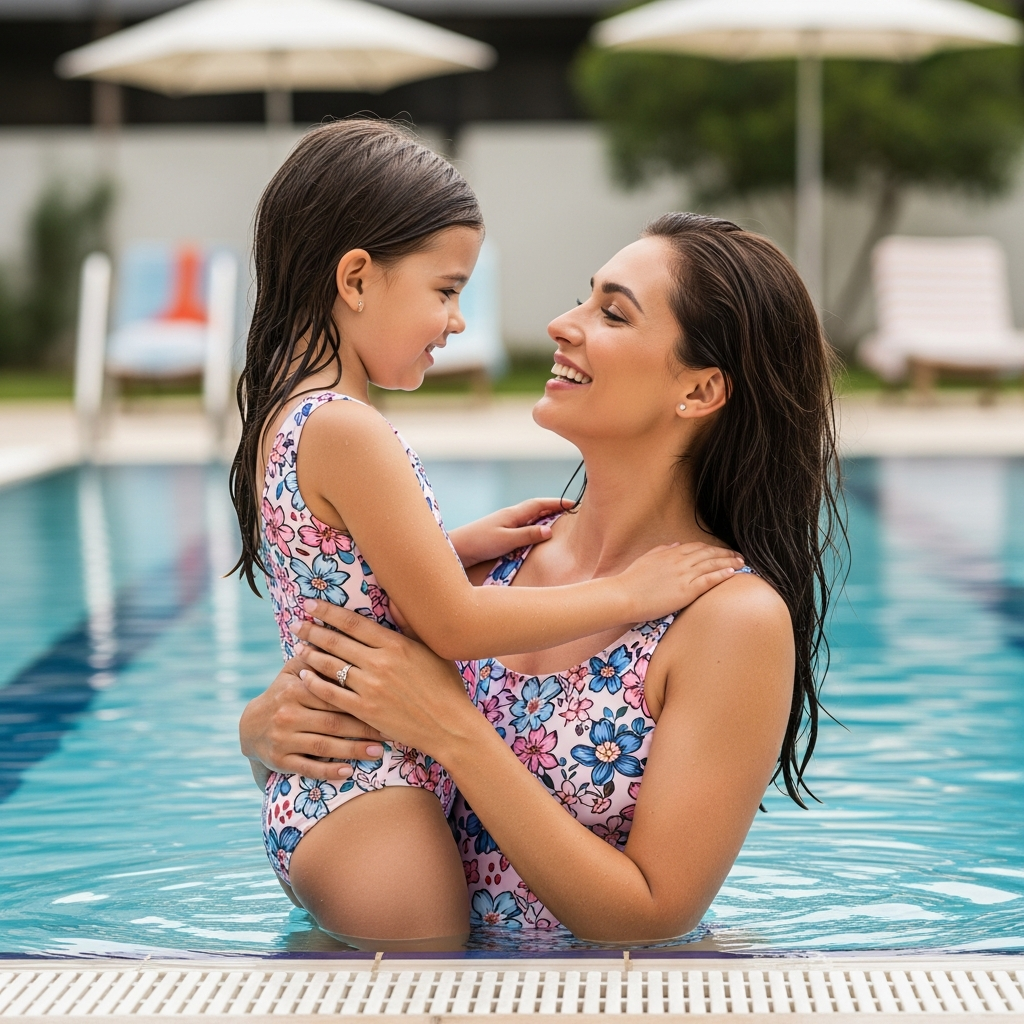 Trajes de baño a juego para mamá e hija en la piscina, patrón floral favorecedor para madre e hija