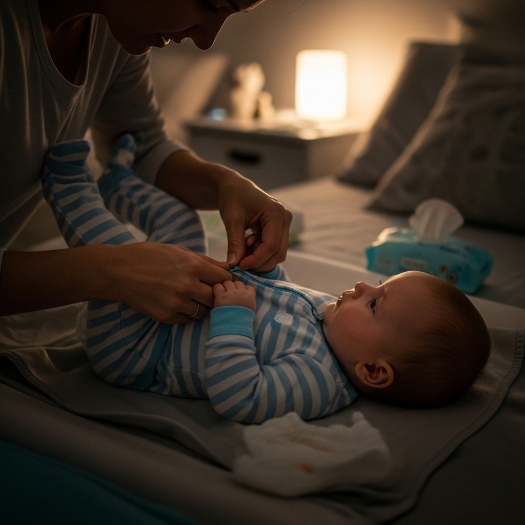 Cambio de pañal nocturno usando pijamas con cremallera de 2 vías que mantiene al bebé abrigado