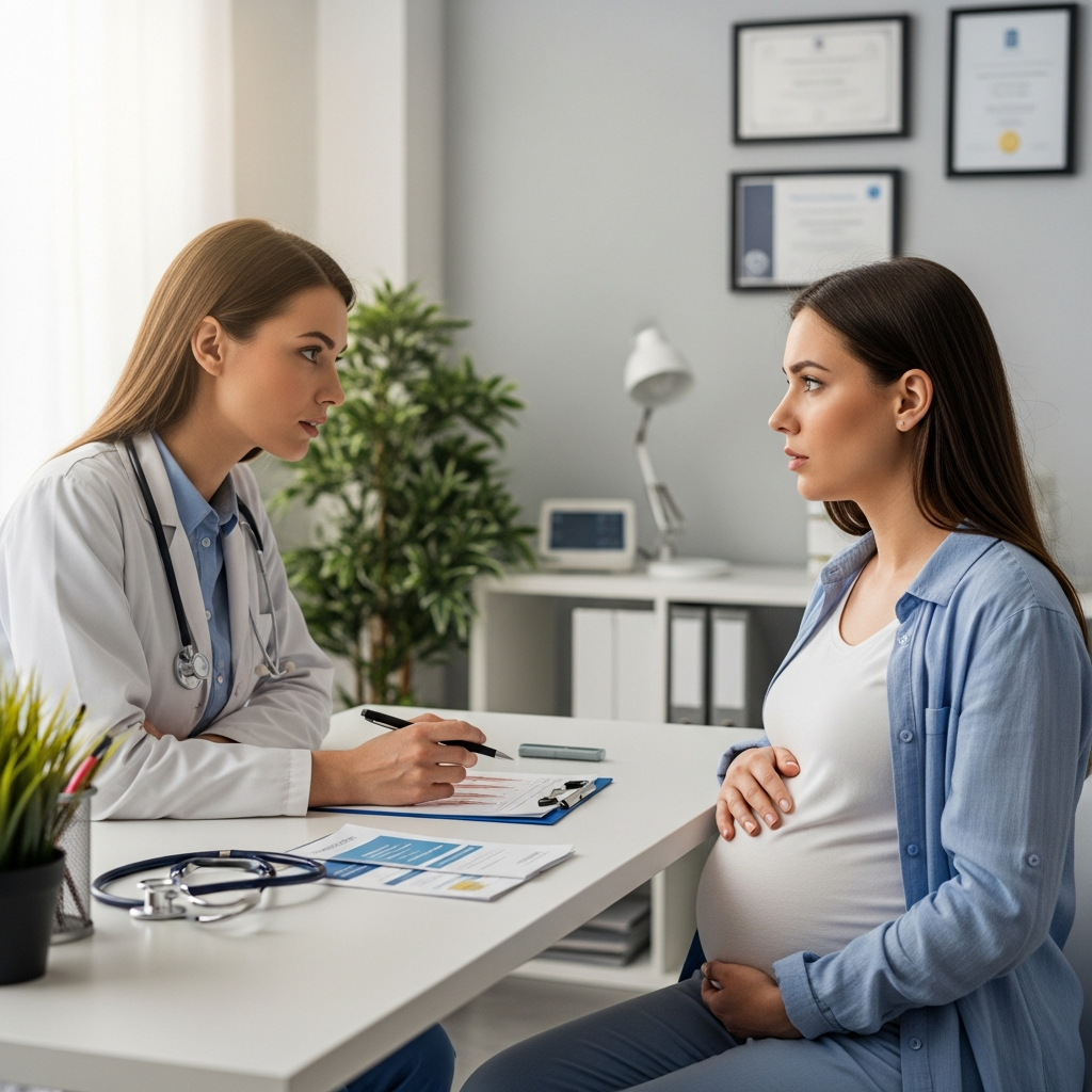 Beratung beim Arzt zu Warnsignalen in der Schwangerschaft Visuelles für werdende Mütter zu Warnsignalen im ersten Trimester und Beratung beim Arzt