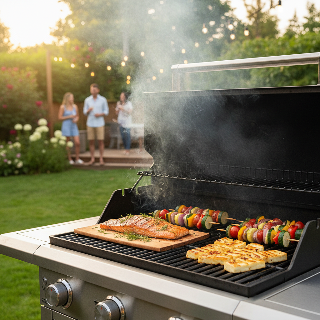 Sommer-Grill-Ideen mit Zedernplanke-Lachs, gegrilltem Gemüse und Halloumi auf dem Hinterhof-Grill
