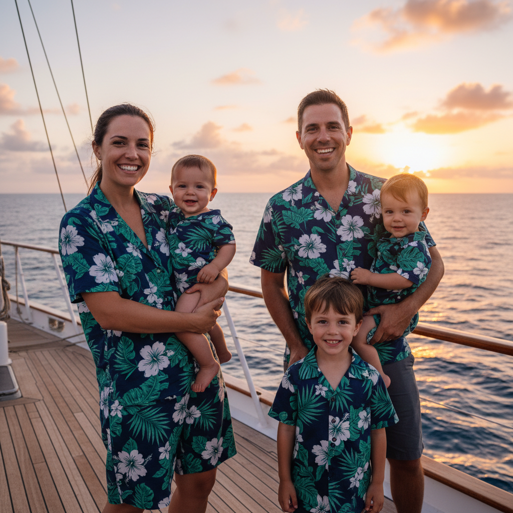 Matching family sunset cruise outfits with tropical prints for mom dad kids and baby