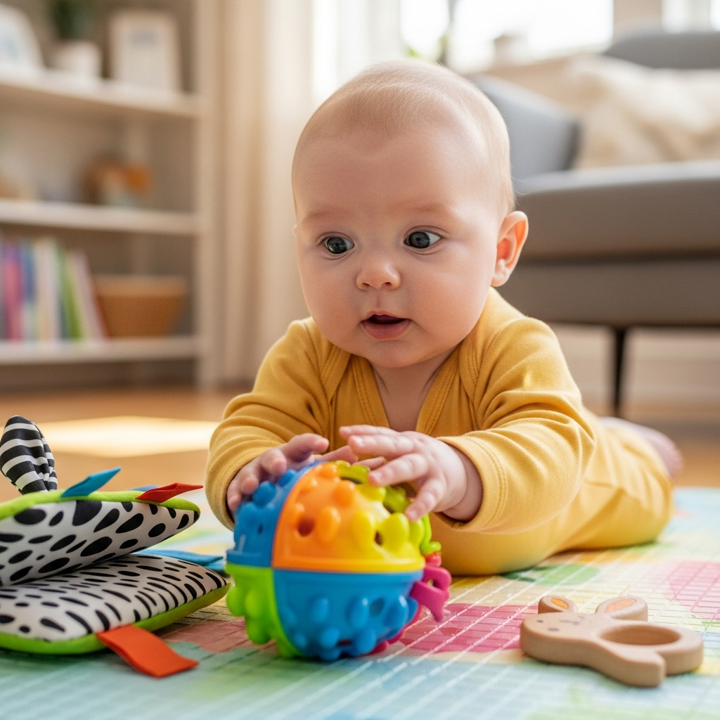 5 month old baby playing with developmental toys during tummy time