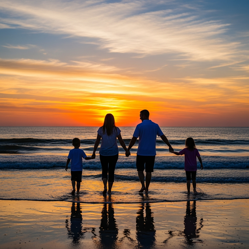Family walking along Florida beach at sunset creating memories
