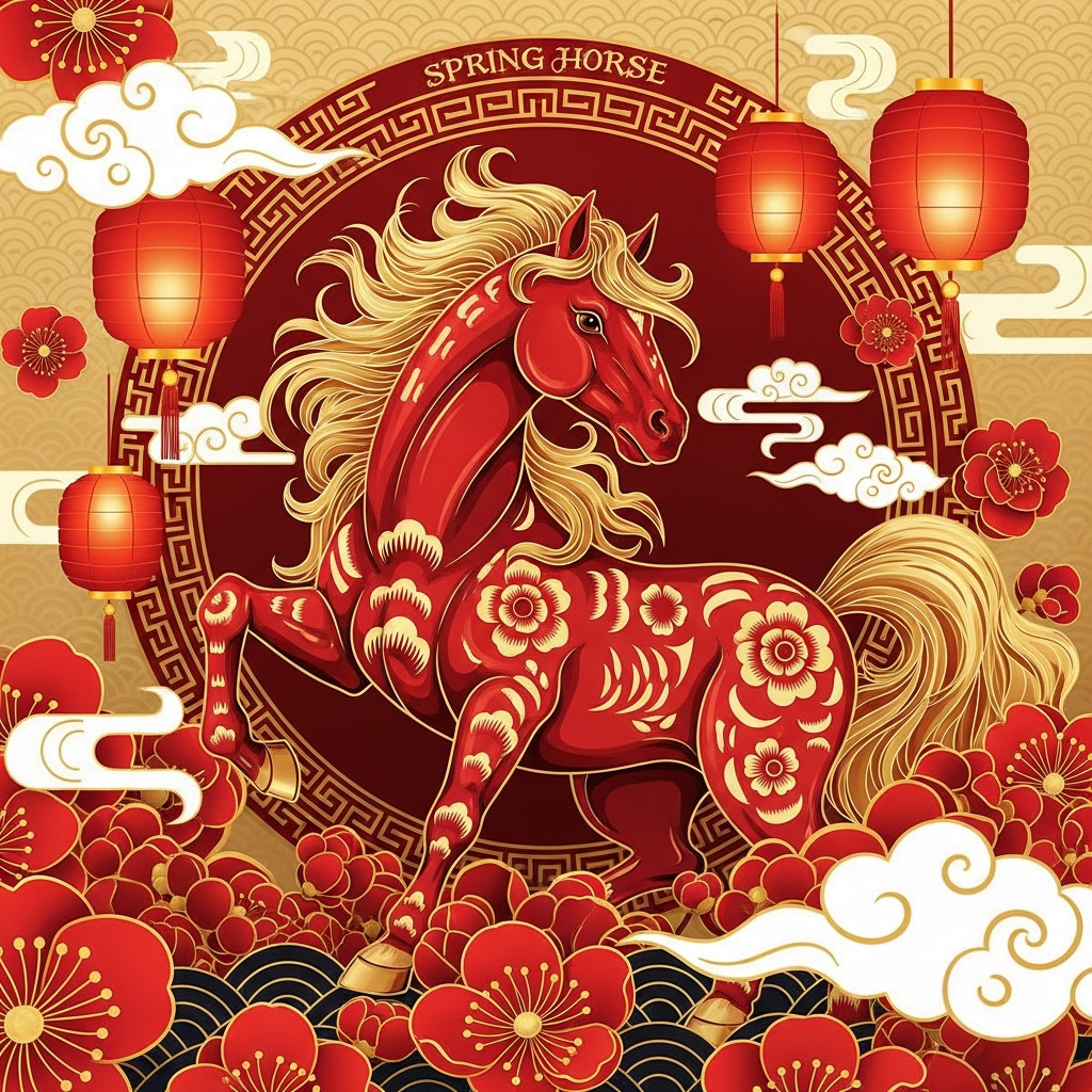 Illustration des Symbols für das Jahr des Pferdes 2026 im chinesischen Tierkreis