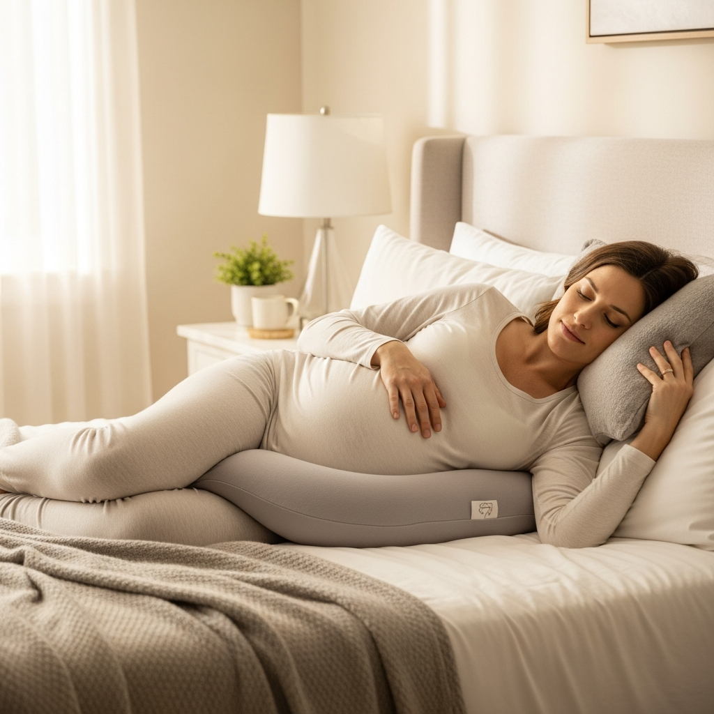 Pregnancy sleeping positions guide showing left side sleeping with pillow support